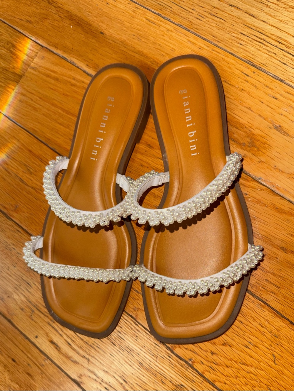 Gianni Bini Square Toe Pearl-Embellished Slide Sandals